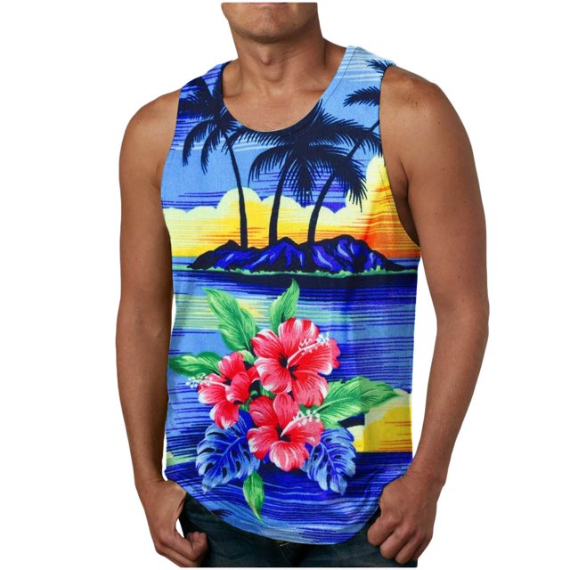 LSLJS Débardeur Estival à Fleurs Hawaïennes pour Homme Nouvelle Mode Décontractée Imprimé Sport à Col Rond Débardeurs