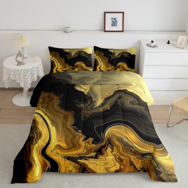 YST Literie Marbre Jaune et Noir Grand Lit Ensemble de Couette Art Abstrait Moderne, Insert de Couette Marbré Esthétique Motif Pierre Aquarelle Courtepointe Couette, Literie Fluide Montagne Couettes et Ensembles