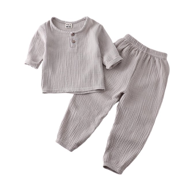 Spring Summer Children T-shirt Elastic Waist Trouser Set Children Simple Design Long Sleeve Round Neck Tops Pants Kit Clothes Birthday Gift Grey 90cm