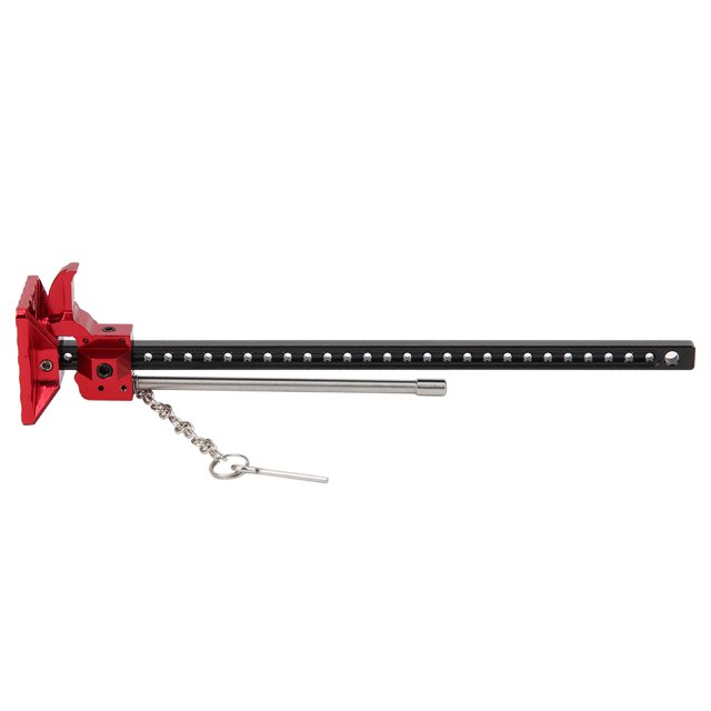 Keenso Lifting Jacks Adjustable Small Size 1/10 Lifting Jacks made of high-quality aluminum alloy. The jack features a black and red design with a chain and pin mechanism for height adjustment. Suitable for axial SCX10 90047, TRAXXAS TRX4, Tamiya, and other 1/10 RC cars. Compact and lightweight, measuring approximately 150 x 28 x 24mm.