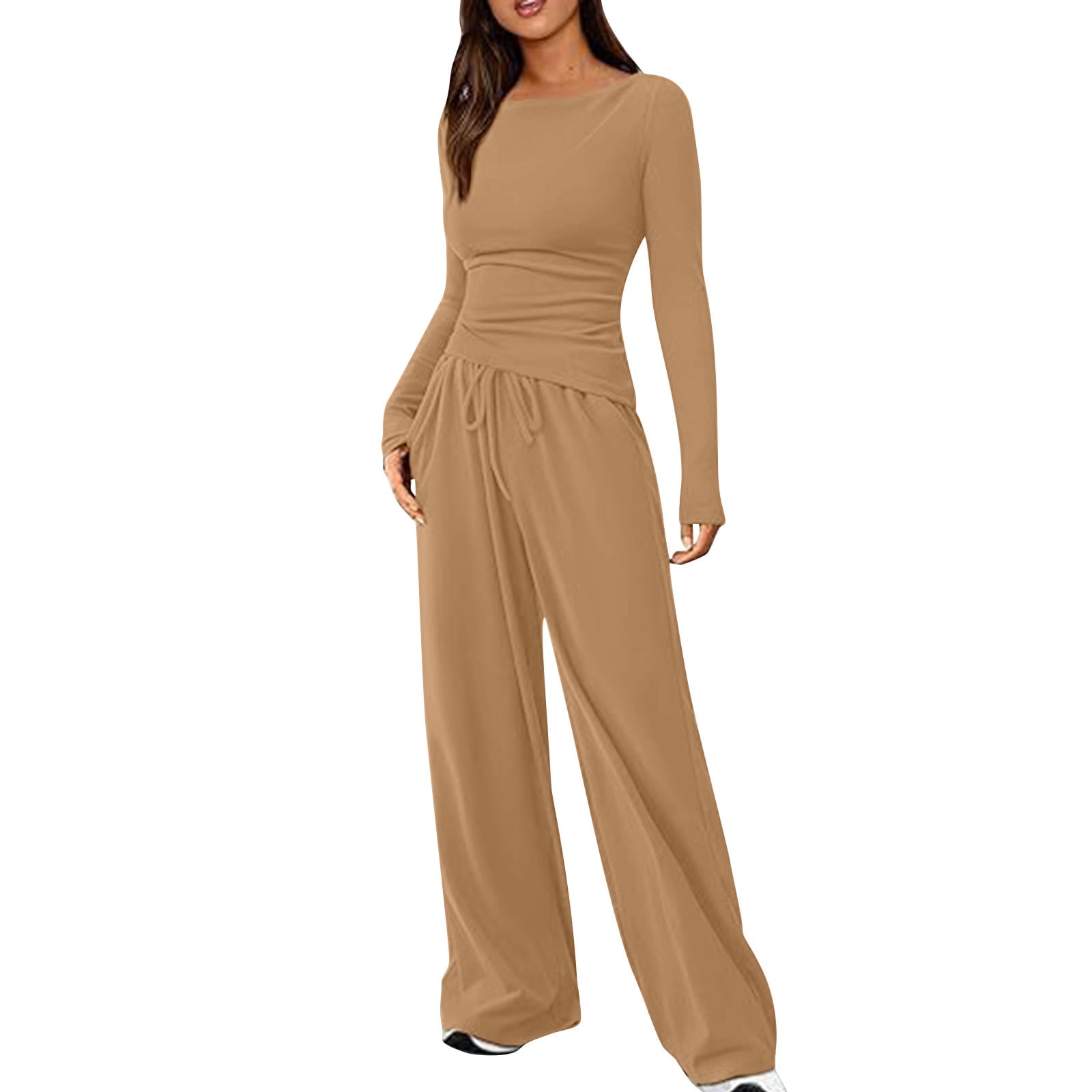 Timegard Womens Going out Sets 2 Piece Fall Casual Slim Long Sleeve Tops Wide Leg Pants Solid Color Sets