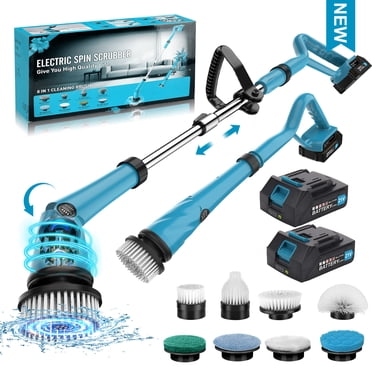 Amiluo Electric Spin Scrubber, 1500 RPM Cordless Bathroom Cleaning Brush with 4000 mAh Large Battery, 8 Replaceable Heads, Extension Handle & Display, Power Scrubber for Shower/Floor/Tub, 2st-Blue