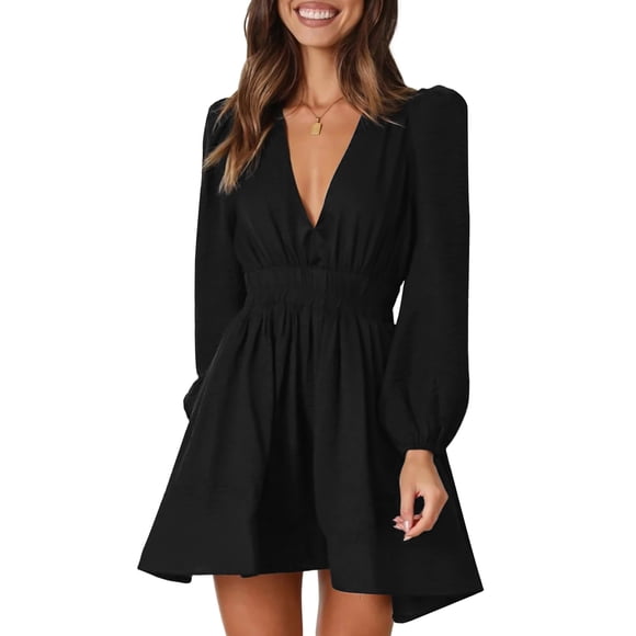 Nituyy Women Long Sleeve Dress Casual Solid Color Deep V Neck A-Line Party Mini Dress for Beach Cocktail Club Streetwear