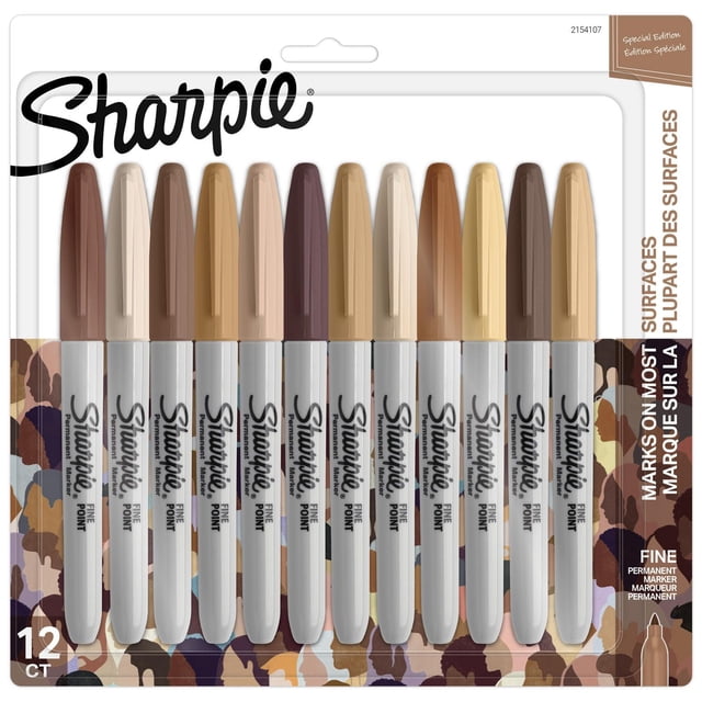 Sharpie Marqueurs Permanents, Couleurs de Portrait, Pointe Fine, Assortiment de 12 avec des Marqueurs Offerts en Diverses Nuances de Tons de Peau et Pointes Fines, avec des Barils et des Capuchons Gris, Conçus pour Marquer la Plupart des surfaces, Présentés dans un Emballage blister Transparent avec Motif camouflage.
