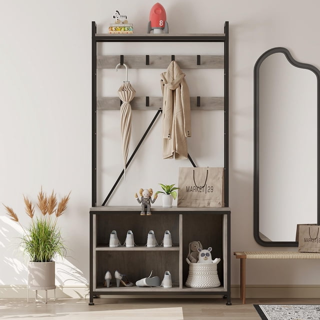 Entryway Bench with Coat Rack | 5-in-1 Hall Tree Organizer for Mudroom & Entry
