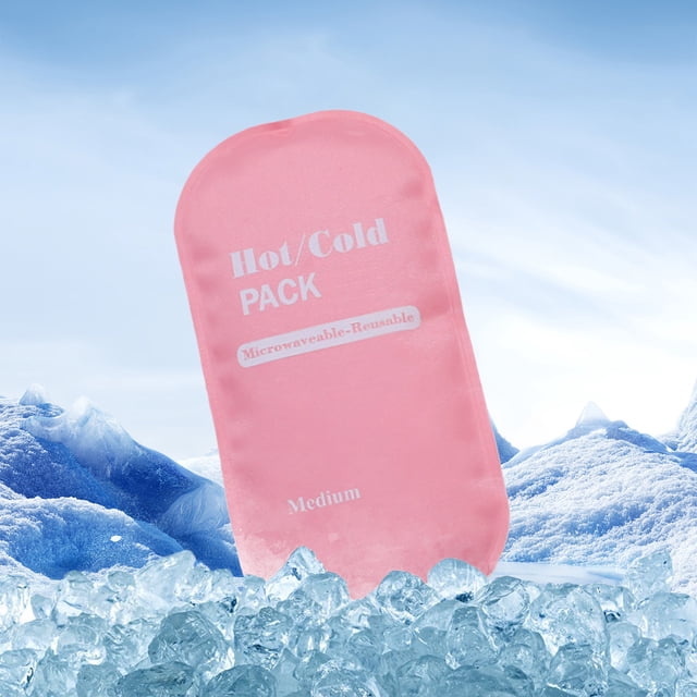 EGNMCR reusable soft ice pack for injuries, shown in pink, designed for knee, shoulder, ankle, wrist, neck, and back pain relief. This 300ml microwaveable and reusable gel pack is suitable for hot and cold therapy. It is displayed against a backdrop of ice and snowy mountains.