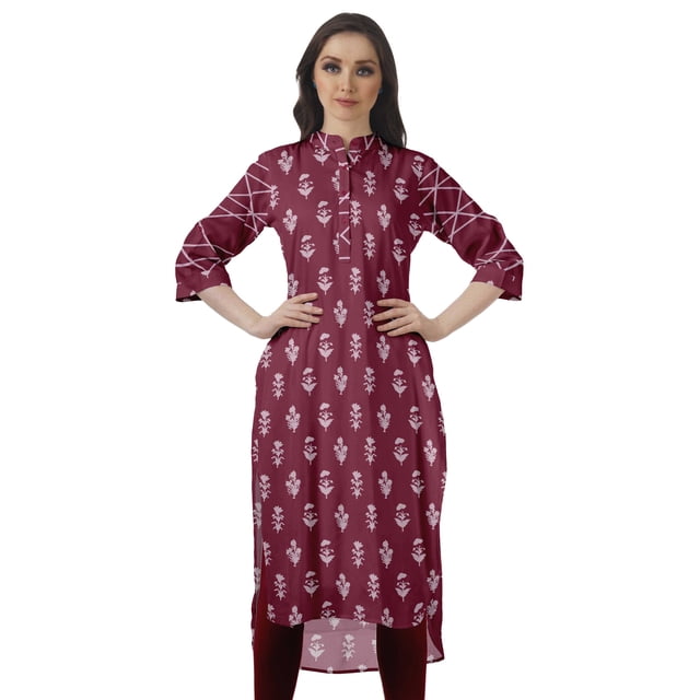Moomaya Kurti en Coton à Col Mandarin pour Femmes, Longueur Genou, Imprimées, Robes Grande Taille