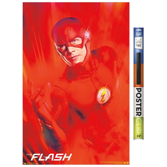 DC Comics TV - The Flash - Key Art Wall Poster, 22.375" x 34" showing The Flash in his red suit with a yellow lightning bolt emblem on the chest, surrounded by dynamic light streaks that convey speed, printed on glossy paper with an included 24-inch black poster clip for damage-free hanging.