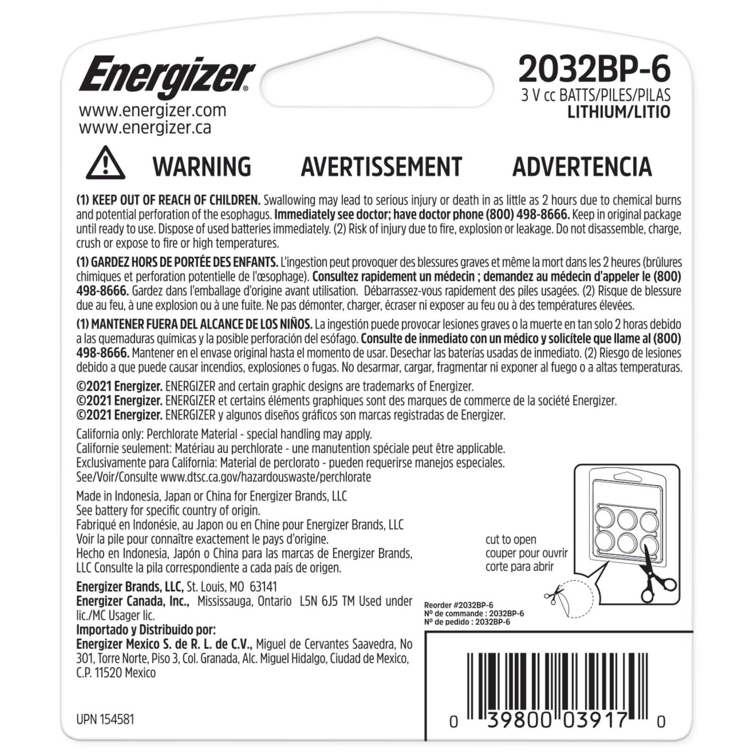 Pile miniature Energizer 2032 au lithium, emballage de 6