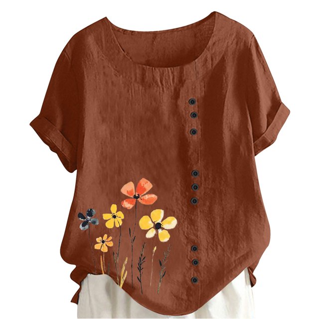 Pisexur Hauts d'Été pour Femmes, Hauts pour Femmes, Hauts de Sortie pour Femmes, Hauts pour Dames, T-Shirt à Manches Courtes Col Rond Imprimé Décontracté Marron,G
