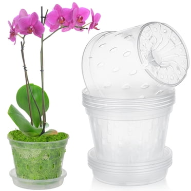 5 Pcs Orchid Pots, Pots en Plastique Transparent avec Trous et Soucoupes, Jardinières Respirantes de 5,5 Po pour Orchidées, Pots de Pépinière à Fentes pour Orchidées pour la Maison, le Jardin, la Cour, Rempotage Intérieur et Extérieur