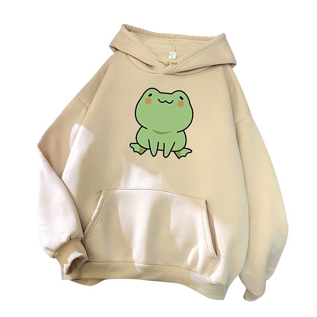 cllios Womens Cute Cartoon Frog Print Hoodies Long Sleeve Pullover Drawstring Hooded Sweatshirts