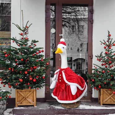 Vaidha Costume d'Oie de Noël avec Chapeau pour Statue d'Oie de Pelouse de 23 Pouces / Décoration des Fêtes en Polyester Rouge pour Patio, Jardin, Cour