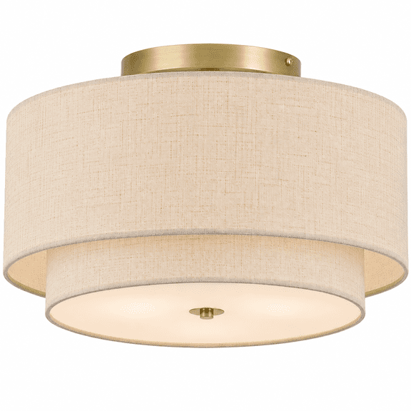 Plafonnier Semi-Encastré Doré de 16 Pouces, Luminaire de Plafond à Double Tambour à 3 Lumières avec Abat-Jour en Tissu, Lumière à Intensité Réglable pour Chambre, Salon, Cuisine, Salle à Manger et Couloir