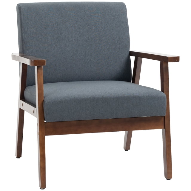 HOMCOM Modern Accent Chair with Cushioned Seat and Rubberwood Arms, featuring a dark gray linen-touch fabric upholstery and a wide seat with deep foam padding for comfort. The chair has a sturdy rubberwood frame with armrests and legs in a natural wood finish. Dimensions are 26 inches wide, 26.8 inches deep, and 30.3 inches high, with a weight capacity of 330 lbs. Suitable for living rooms, bedrooms, or sunrooms.