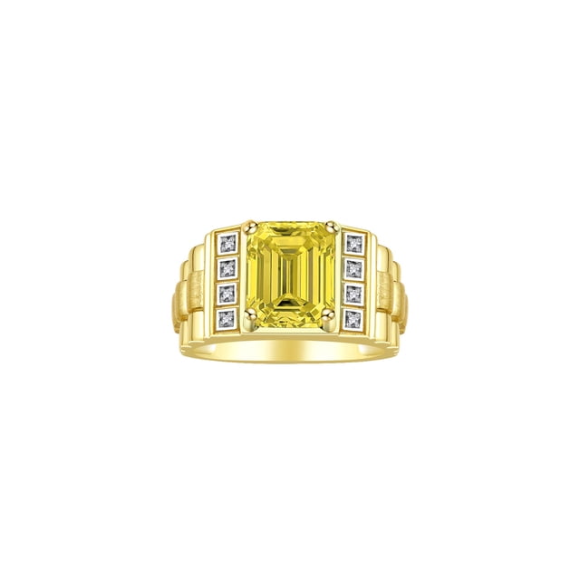 RYLOS Men's Rings Yellow Gold Plated Silver Designer Style 10X8MM Emerald Cut Shape Gemstone & Diamonds Citrine November Birthstone Rings For Men Size 8
