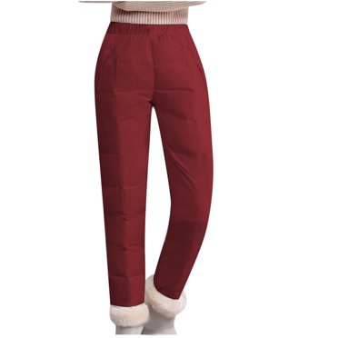 Lenpel Snow Pants for Women Cotton Fleece Lined Elastic High Waisted Puffer Quilted Pants Padded Winter Warm Outwear Trousers(Wine,Medium)