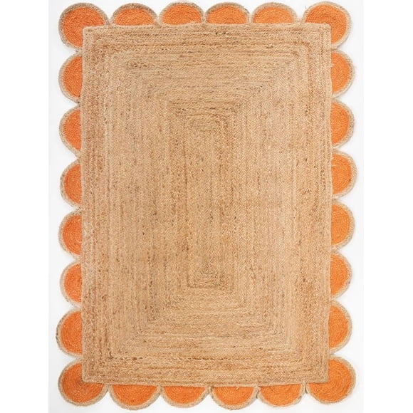 Beautiful Indian Handmade Natural Jute Scalloped rug, Orange Border Floor Décor Carpet , Home Décor Rugs & carpet Size , 2.6 x 10 Feet ( 75 cm x 300 cm )Runner