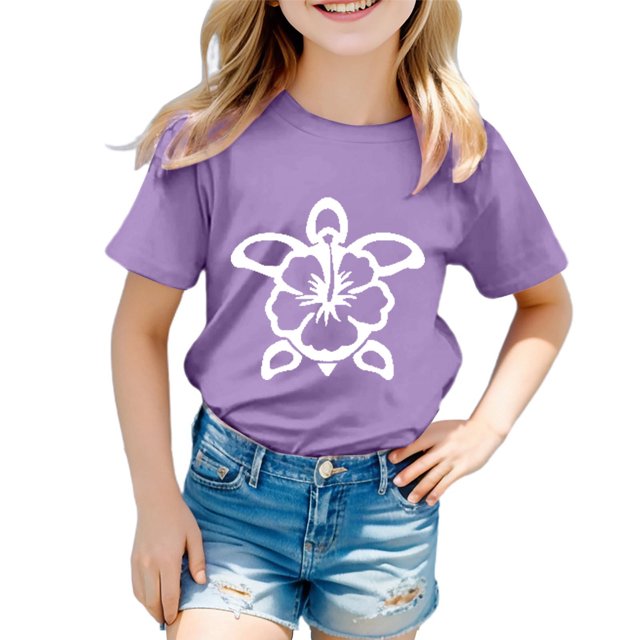 T-shirts Filles Mode Imprimé Tortue Col Rond Manches Courtes Décontractées Hauts Filles Violet 4-5 Ans