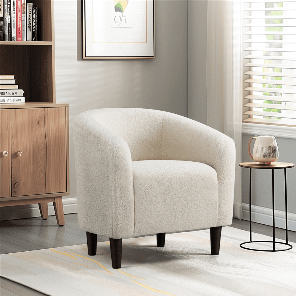 FullFurnique Fauteuil en Tissu Bouclette avec Dossier et Accoudoirs, Ivoire