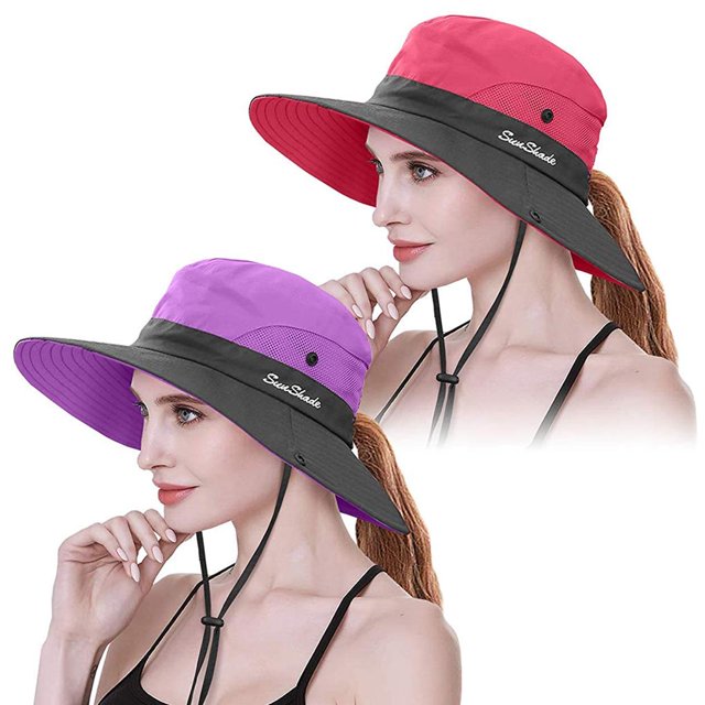 maskred 2 Pcs Chapeaux de Pêcheur pour Femmes Protection de Queue de Cheval Chapeau de Soleil à Grand Bord Casquettes No.1