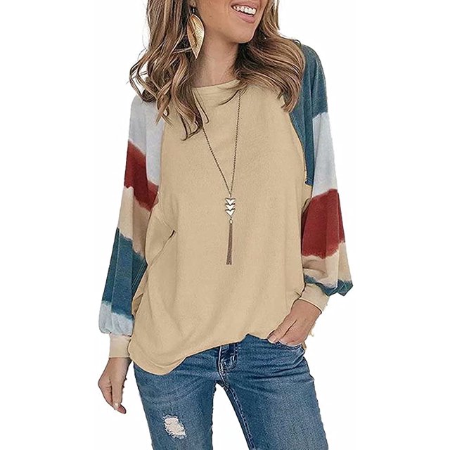 Womens Plus Size Tops Casual Long Sleeve Crew Neck Striped Loose Fit Tunic Tops