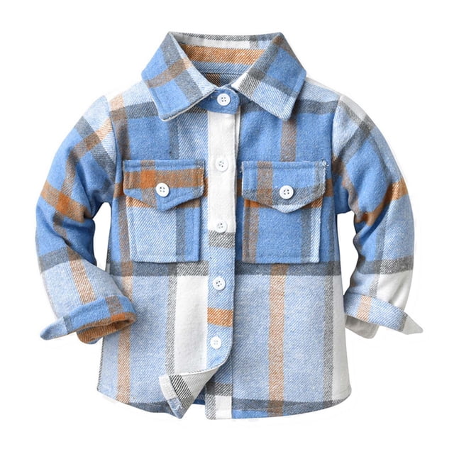 jsaierl Toddler Kids Baby Boys Girls Flannel Plaid Shirt Jacket Long Sleeve Button Down Tops Coat Shacket Jacket Fall Winter Clothes 3M-10T