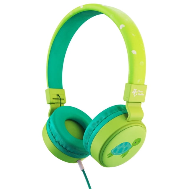 Planet Buddies Kids Wired Headphones in bright green with teal padded ear cushions and headband interior, featuring a turtle graphic on the earcup and white shell patterns on the headband, volume limited to 85 decibels for child-safe listening and built for durability.