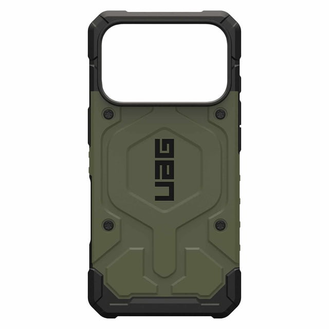 Étui Robuste UAG Pathfinder MagSafe Olive pour iPhone 17 Pro Montré à l'Arrière avec une Étui Blindée Ultra Légère Vert Olive, Noyau à Motif Hexagonal, Pare-Chocs en TPU Noirs Résistants aux Impacts sur les Coins, Lunette de Caméra Surélevée et module Magnétique MagSafe Intégré pour une Recharge Sans Fil Sécurisée, Offrant une protection de Qualité Militaire contre les Chutes et les Chocs avec un Cadre d'Écran Amélioré et des Protège-Coins.