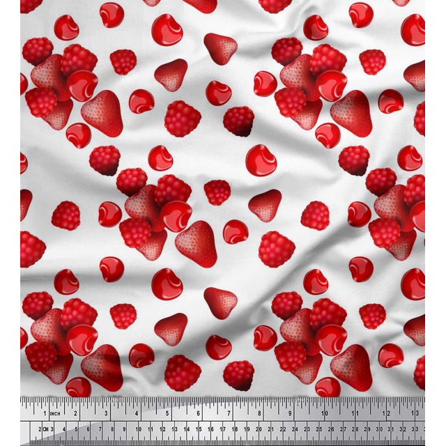 Soimoi Georgette Viscose Fabric Raspberry,Strawberry & Cherry Fruits Printed Craft Fabric by The Yard 42 Inch Wide