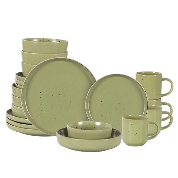 Home VSS 20-Piece Porcelcin Dinnerware Set - Nordic Raised Rim Tableware Collection with 4-Person Plates & Bowls, Matte Green with Speckled Spots