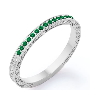 JeenMata Style Art Déco Victorien 0,25 Carat Taille Ronde Pierre de Naissance de Mai Alliance en Placage Or Blanc 18K sur Argent