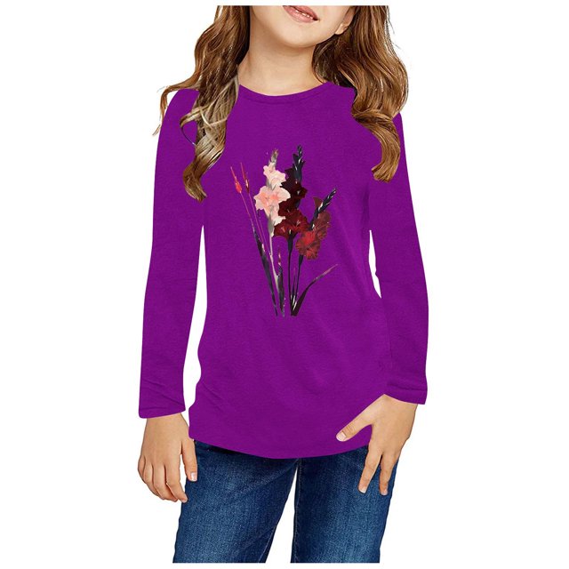 RXIRUCGD Chemises à Manches Longues pour Filles, Col Rond Mignon, Blouses Décontractées Élégantes (Violet, Taille : 5 Ans)