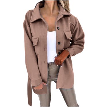 EGNMCR Womens Long Sleeve Jacket, Long Sleeve Hoodless Casual Outwear & Jackets Women's Fashion Belt Tweed Long Sleeve Coat Pocket Button Suit Coat Women Coat