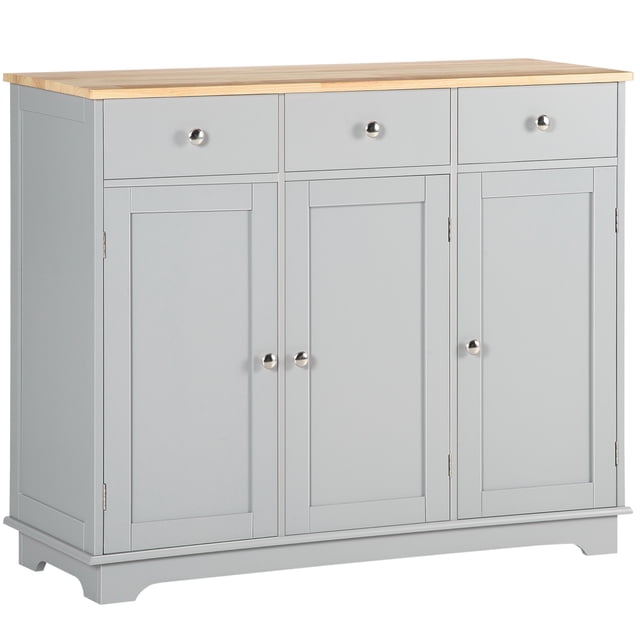 HOMCOM Armoire de Bar à Café, buffet de Cuisine Gris avec Trois Tiroirs et Trois Portes, Doté d'Étagères Ajustables et d'Un Plateau en Bois Naturel. Fait de MDF et de Bois d'Hévéa, Offre un Grand Rangement pour la Vaisselle, les Ustensiles et les Électroménagers. Idéal comme buffet Ou Rangement de Cuisine. Dimensions : 39,8 Pouces de Large, 15,7 Pouces de Profondeur et 33,5 Pouces de Hauteur.