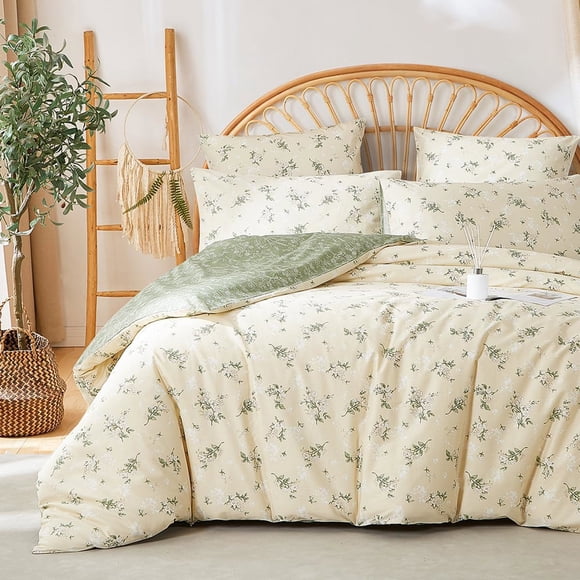 Nayoroom Ensemble de Housse de Couette Très Grand 3 Pcs Chic Vert Floral Botanique 100 % Coton Style Jardin Esthétique Ensembles de Literie Housse de Couette Réversible