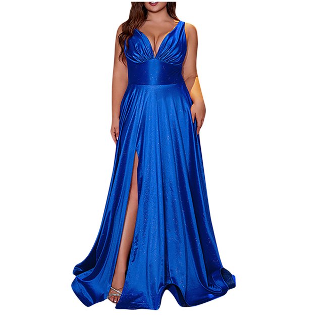 Pisexur Robe de Cocktail pour Femme à Col en V Profond Sans Manches, Robes d'Invitée de Mariage, Robe de Soirée Fluide de Couleur Unie, Tunique Fendue, Robe Maxi, Robes Grande Taille pour Femmes aux Formes, TG-4TG