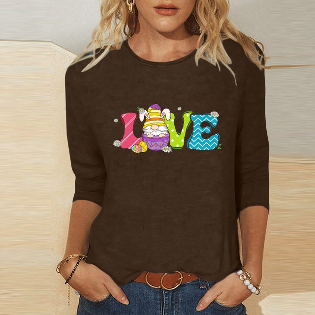 Xihbxyly Hauts Décontractés pour Femmes T-shirt à Col Rond Imprimé de Pâques à Manches 3/4 T-shirt à Col Rond Chandail à Enfiler Tendance à Petit Budget