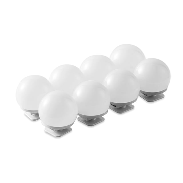 Yeacher USB Vanity Mirror Light with 3-color dimmable LED bulbs, 8-pack makeup lighting kit. Features adjustable color temperature from 3000K to 6500K and a 2000mm cord. Includes eight spherical bulbs with adjustable spacing, ideal for makeup application or grooming tasks.