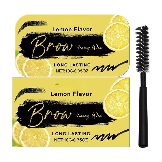 Eyebrows Styling Wax with lemon flavor packaging, ideal for long-lasting fresh makeup and natural eyebrow styling. Includes a black spoolie brush for effortless application. Compact yellow design with citrus imagery, suitable for quick and lazy eyebrow styling routines.