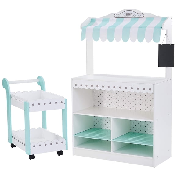 Teamson Kids Mon Rêve Boulangerie Présentoir à Desserts et Chariot à Pâtisserie Roulant Ensemble de Jeu Interactif en Bois avec 18 Produits de Boulangerie Factices, Blanc et Vert Menthe