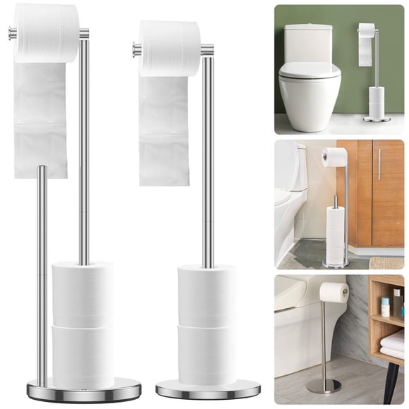 EIGTHTAIL Free Standing Toilet Paper Holder Stand Brushed Nickel Toilet Roll Stand Bathroom Tissue Rack with Storage Reserves 5 Mega Rolls
