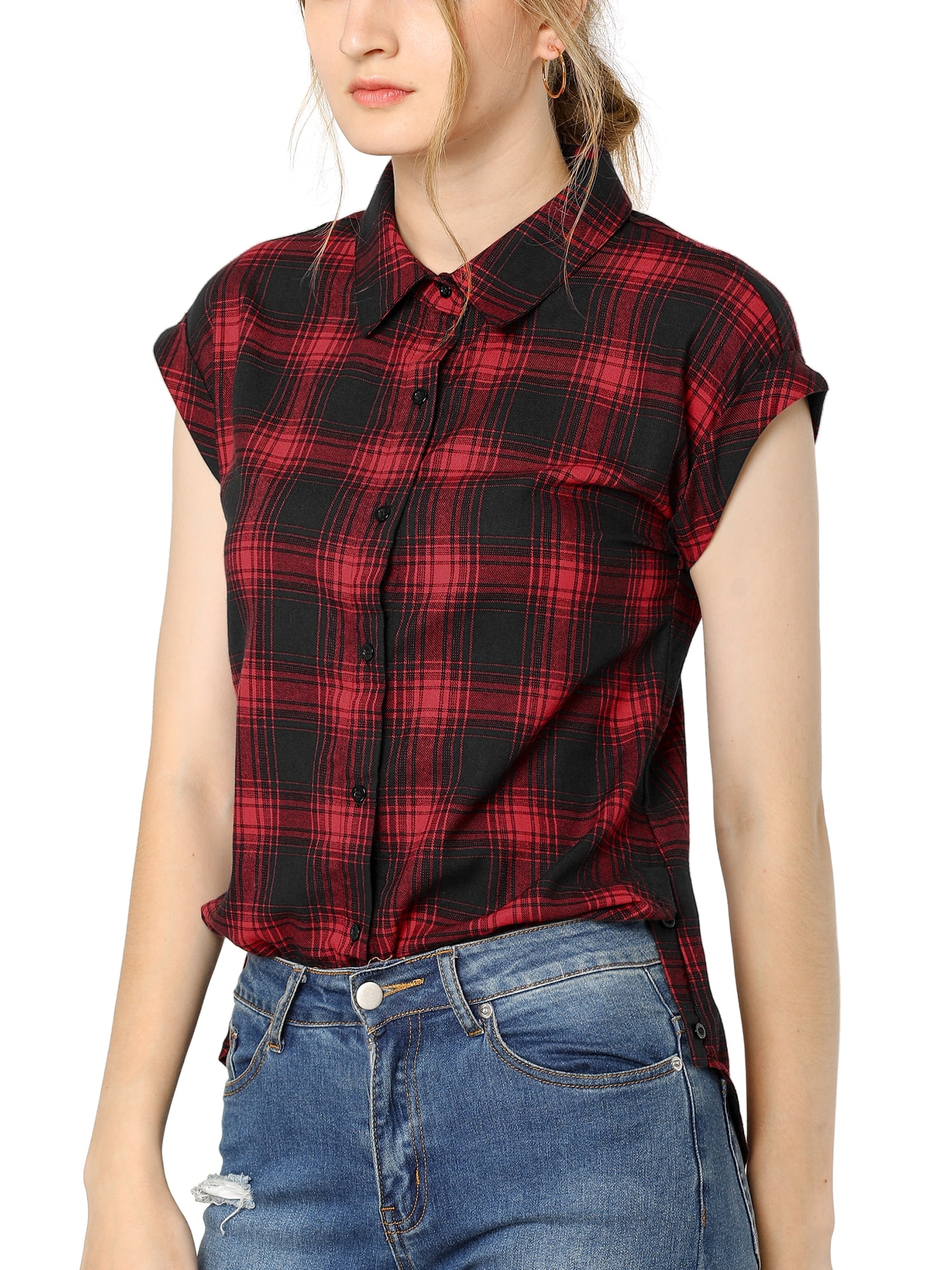 INSPIRE CHIC Chemise à Carreaux pour Femme à Col Pointu, Manches Courtes à Revers, Boutonnée, TP Rouge