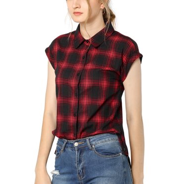 INSPIRE CHIC Chemise à Carreaux pour Femme à Col Pointu, Manches Courtes à Revers, Boutonnée, m Rouge