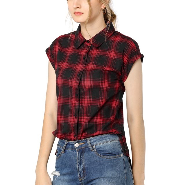 INSPIRE CHIC Chemise à Carreaux pour Femme à Col Pointu, Manches Courtes à Revers, Boutonnée, TP Rouge