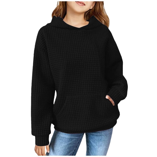 FAOWME Child Solid Color Hooded Silk Checked Tops Coat Black 7-8 Years