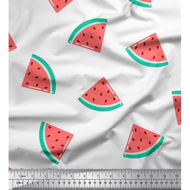 Soimoi White Poly Georgette Fabric Watermelon Fruits Printed Craft Fabric by the Yard 42 Inch Wide