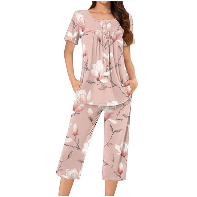Rbaofujie Pyjama pour Femmes Femmes Décontracté Col Rond Manches Courtes Blouse Pantalon Mode Ensemble de Pyjama Pyjama de Noël pour la Famille