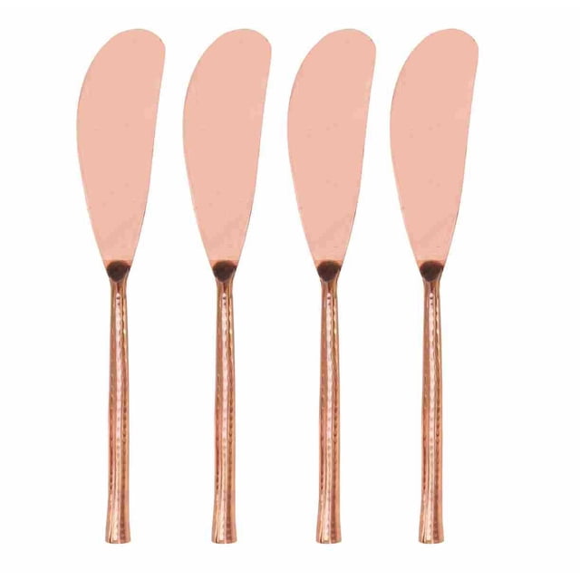 Stylex Artisan Collection Quarry Copper Plated Spreaders Set featuring four hammered copper-plated stainless steel spreaders with rounded handles and blades, ideal for specialty kitchen tasks and spreading soft cheeses or condiments on modern or traditional tables.