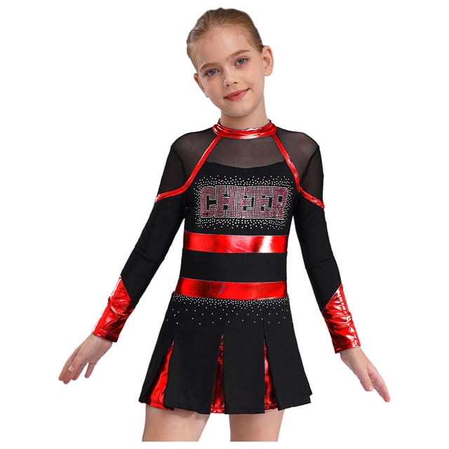 RUNQHUI Filles Enfants Paillettes Manches Longues Robe de Danse Ballet Uniforme d'Équipe Compétition Encouragement Danse Noir&Rouge 10